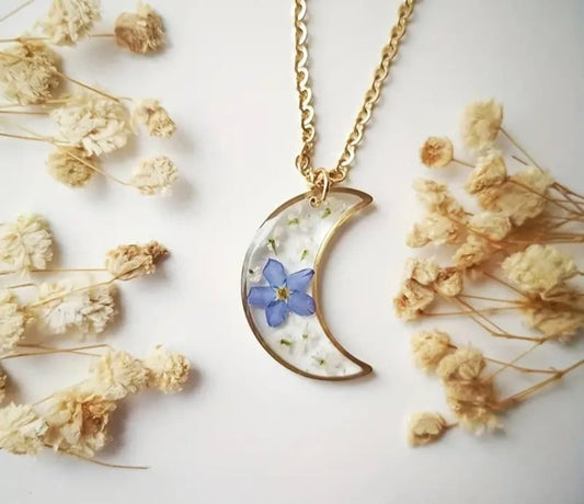 Moon Pendant with Real Pressed Flowers