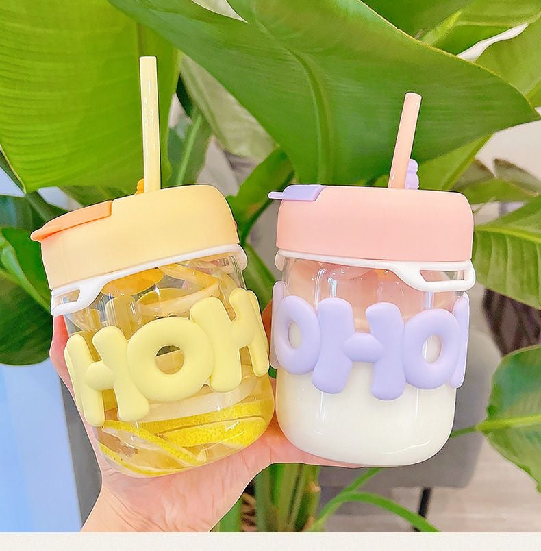 Cute Hohoho Portable Glass Tumbler with Straw & Lid