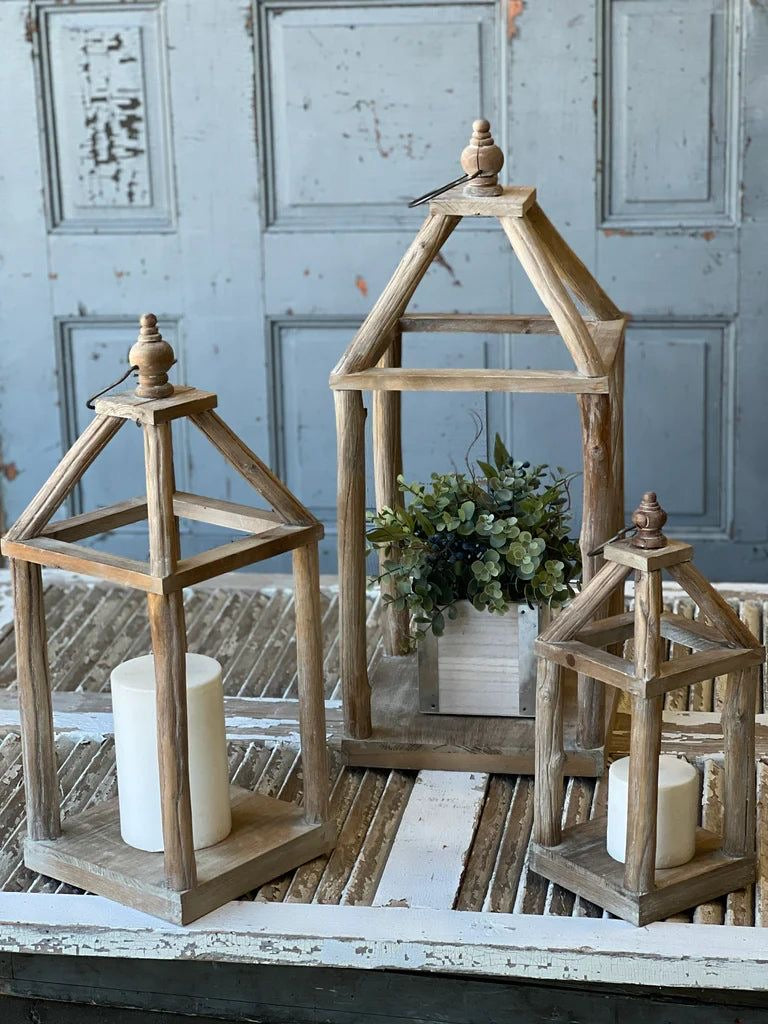 Vintage Wooden Frame Lanterns - Set of 3