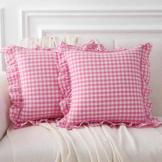 Cute Pink Plaid Ruffle Pillow Covers