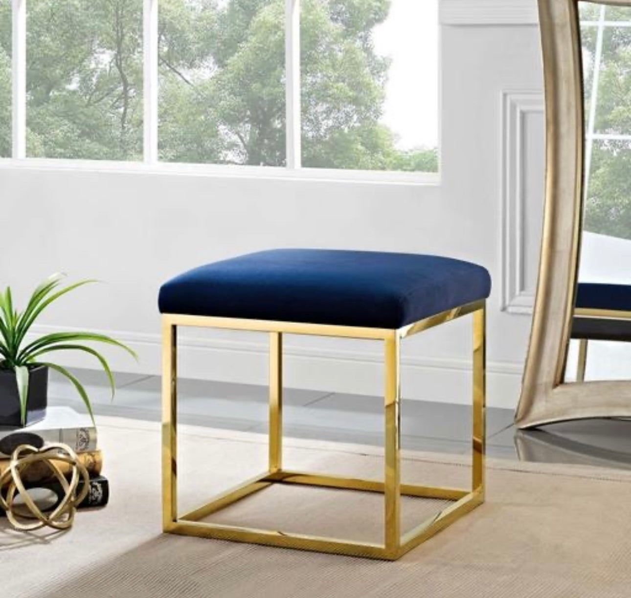 Contemporary Glam Velvet Square Ottoman with Metal Base