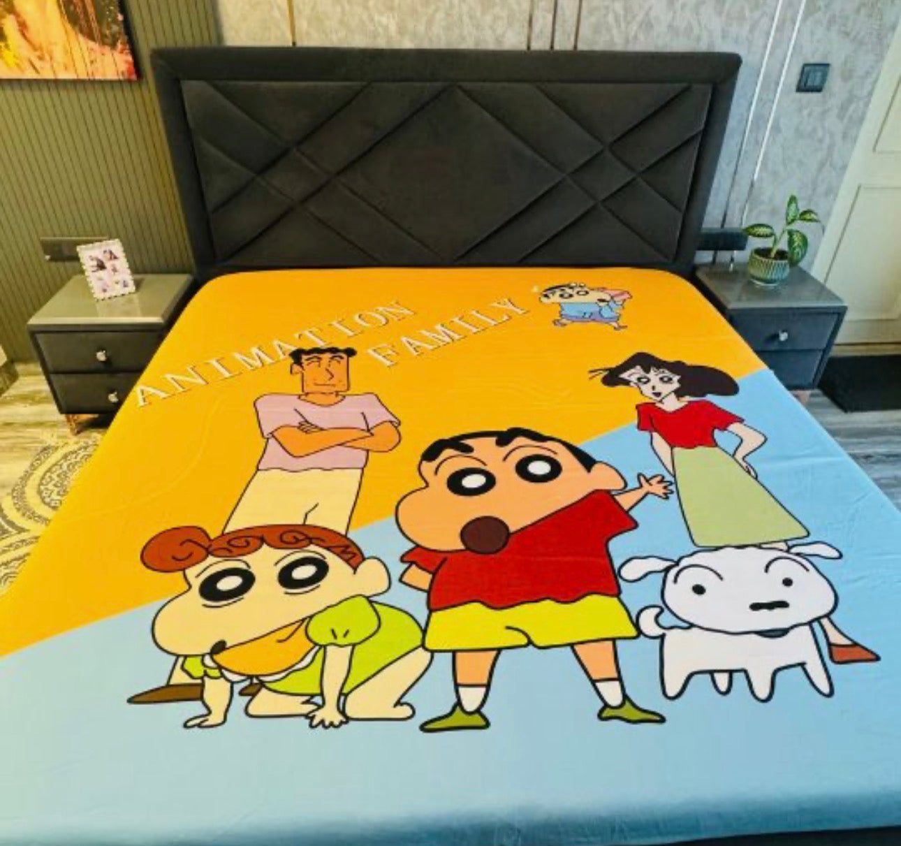 Cute Shinchan Design Elasticated King Size Non-Slip Bedsheet