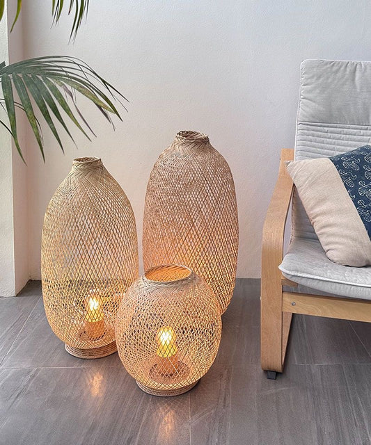 Natural Standing Woven Bamboo Rattan Large Floor Lamps - Set of 3