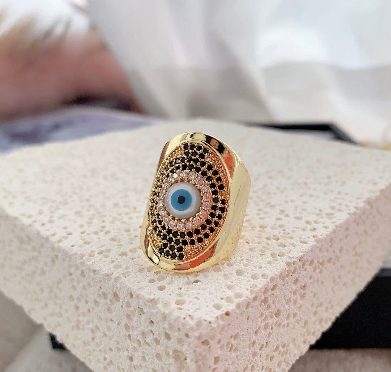 Gold Plated Metal Rhinestones Evil Eye Ring
