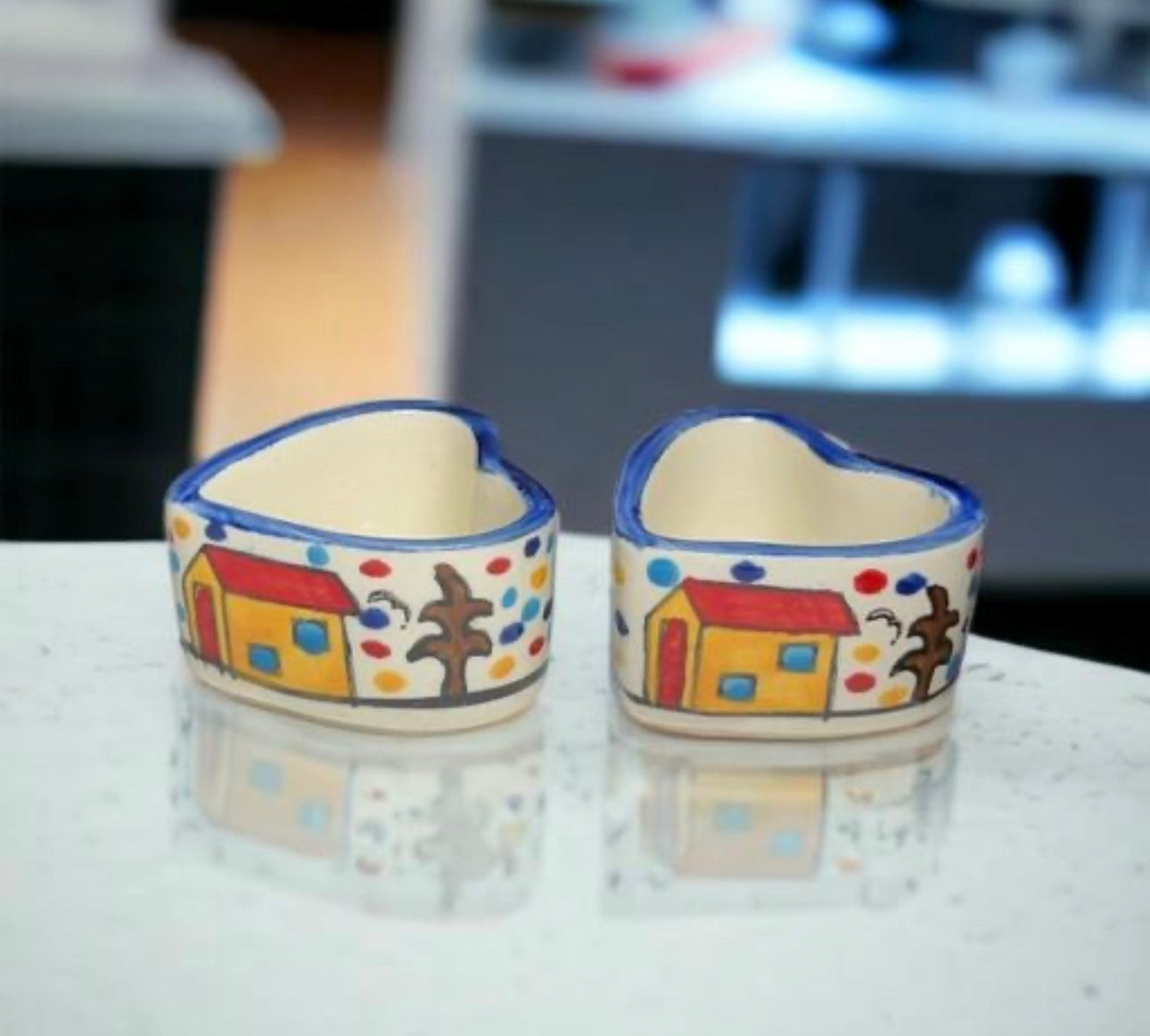 Huts Handpainted Heart Shape Small Dip/Chutney Bowls - Set of 2