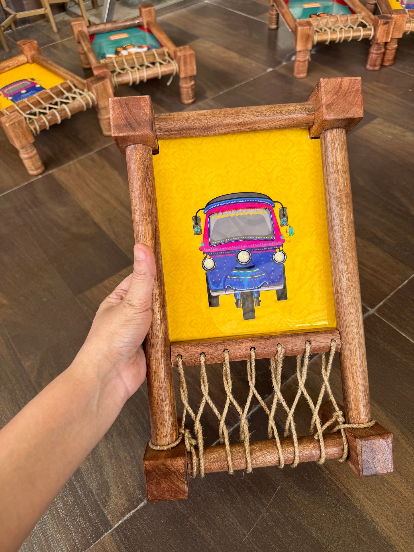 Ethnic “Auto Riksha” Print Wooden Khatiya Tray/ Khaat Tray / Khaat Platter / Khatiya Platter / Cot Tray