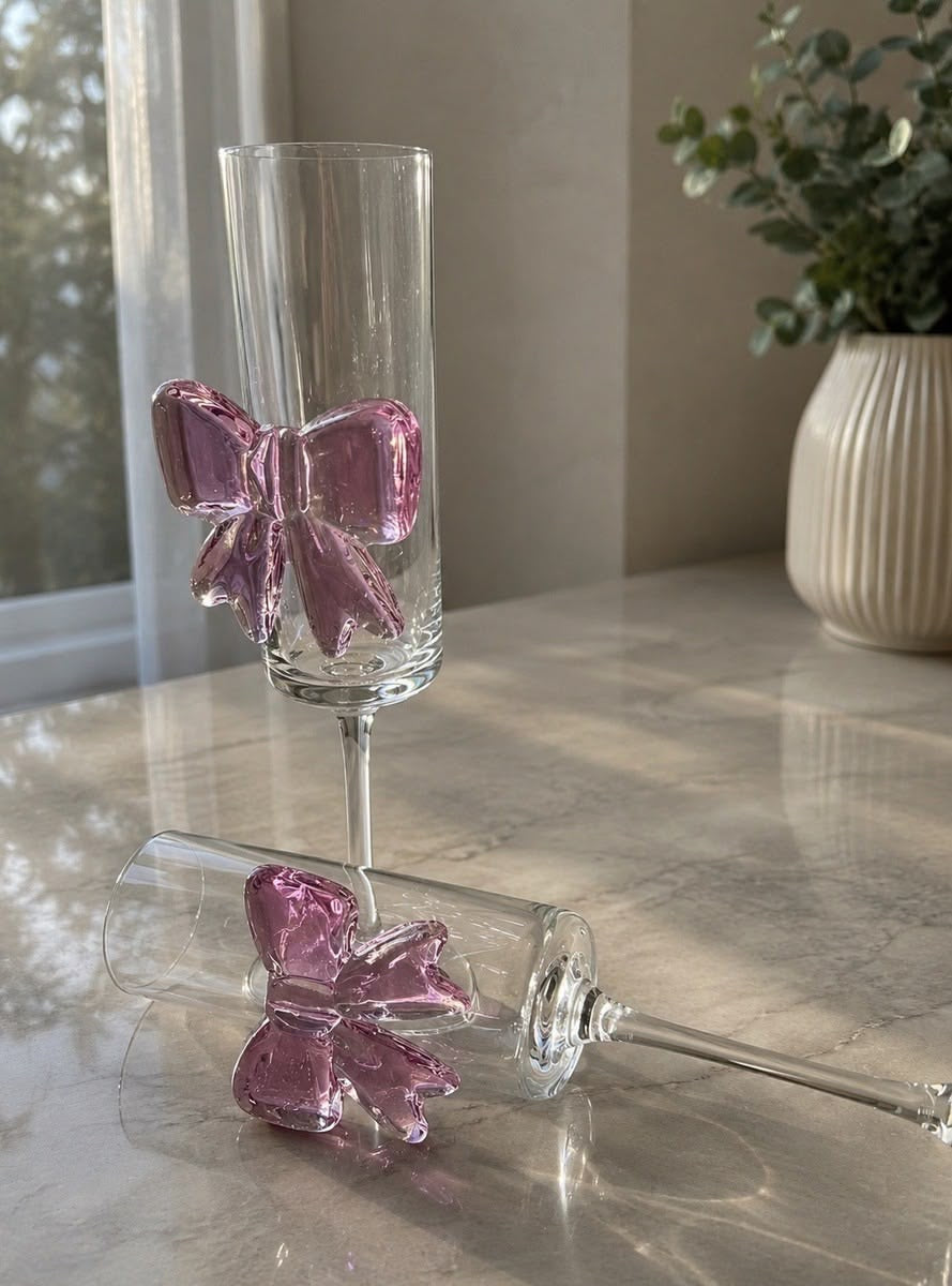 Exquisite Pink Bow Champagne Glass (Contains 2 Glasses)