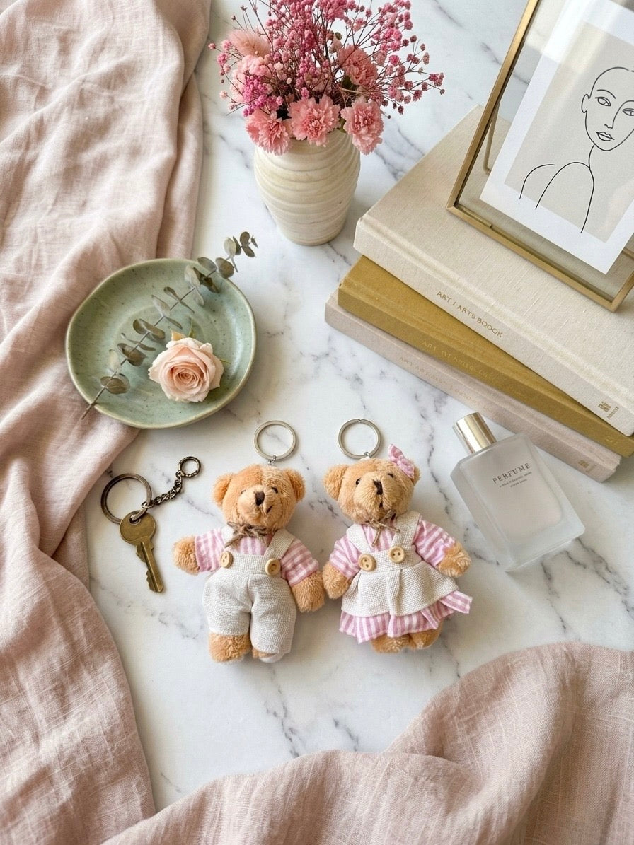 Exclusive Couple Teddy Keychain in Cute Pink Outfit