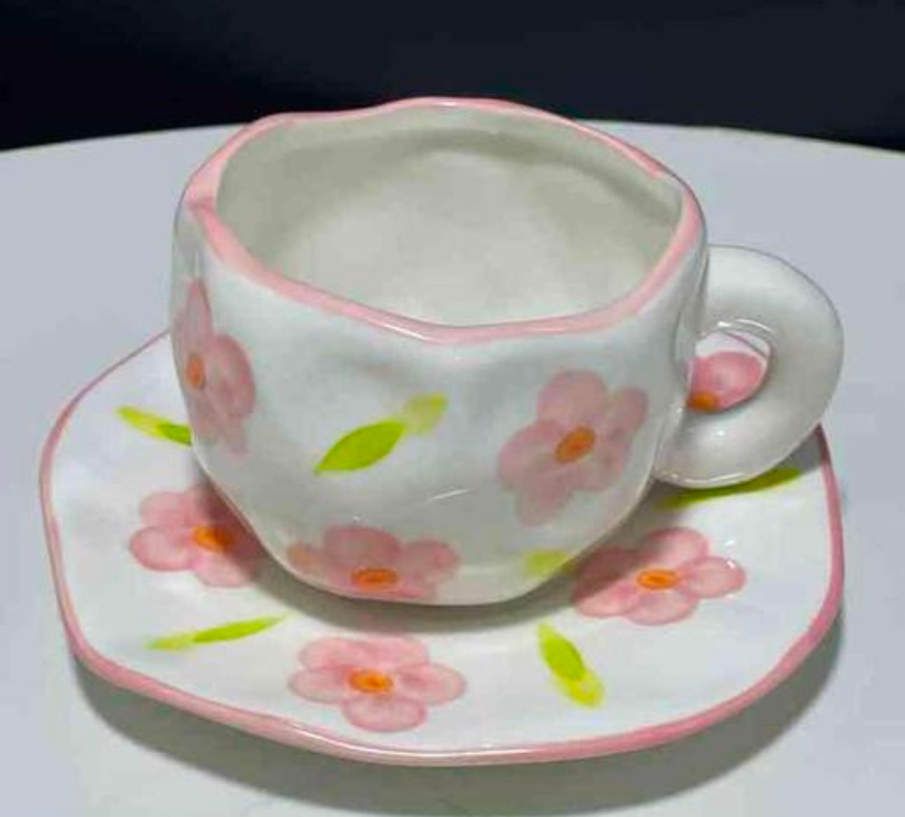 White & Pink Flowers Mug & Saucer Set