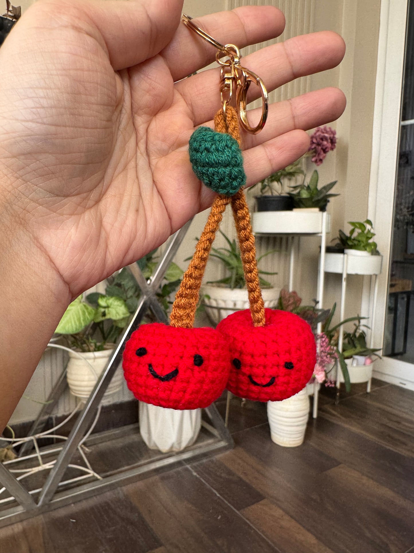 Handmade Crochet Smiling Cherry Keychain