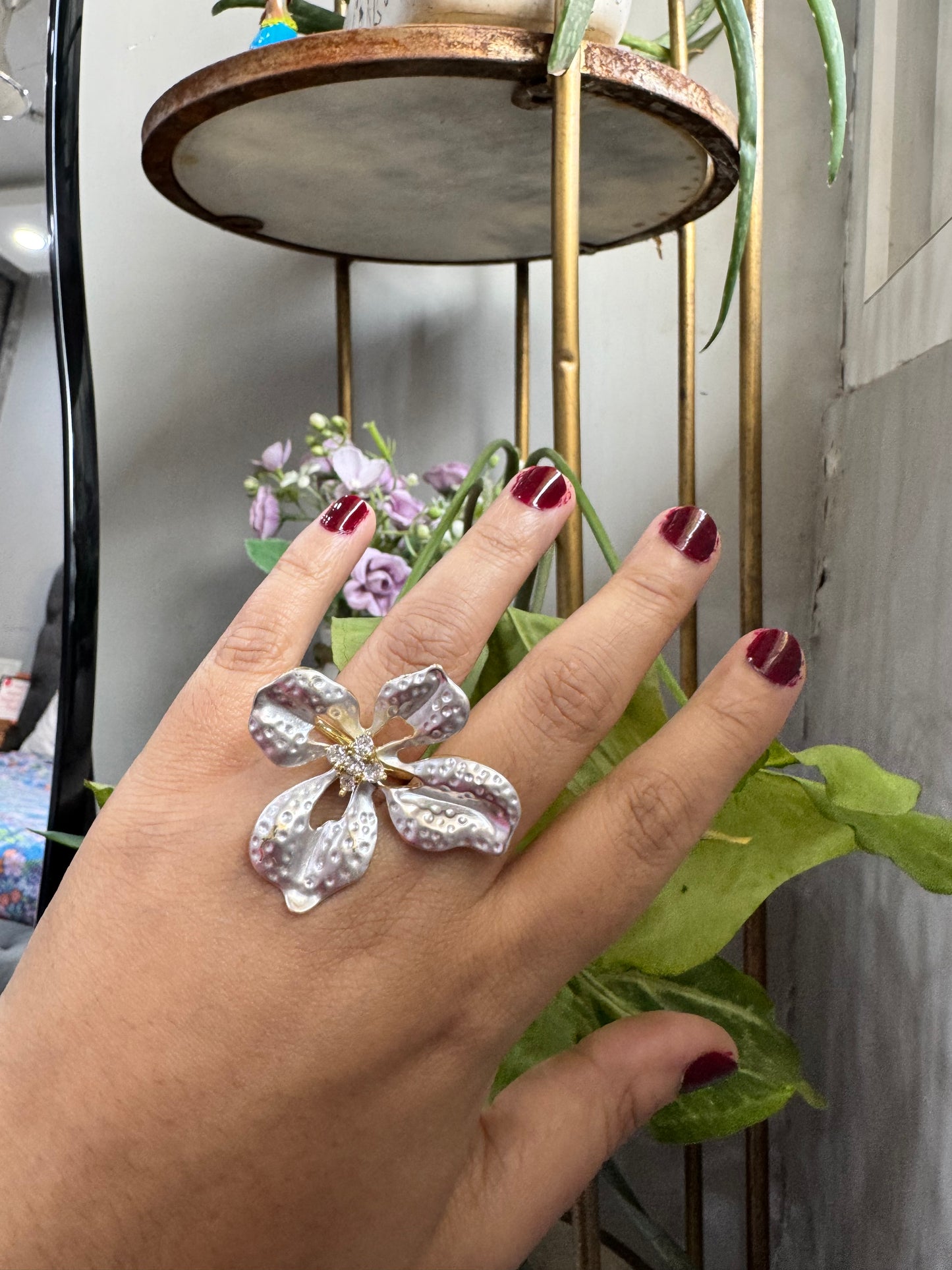 Elegant Silver Plated Flower Ring (Adjustable)