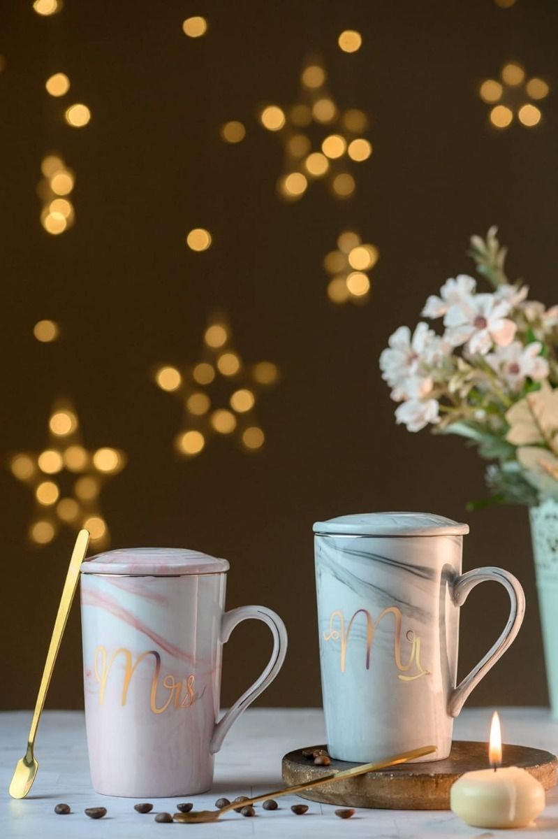 Mr & Mrs Mugs Set with Lid & Stirrer