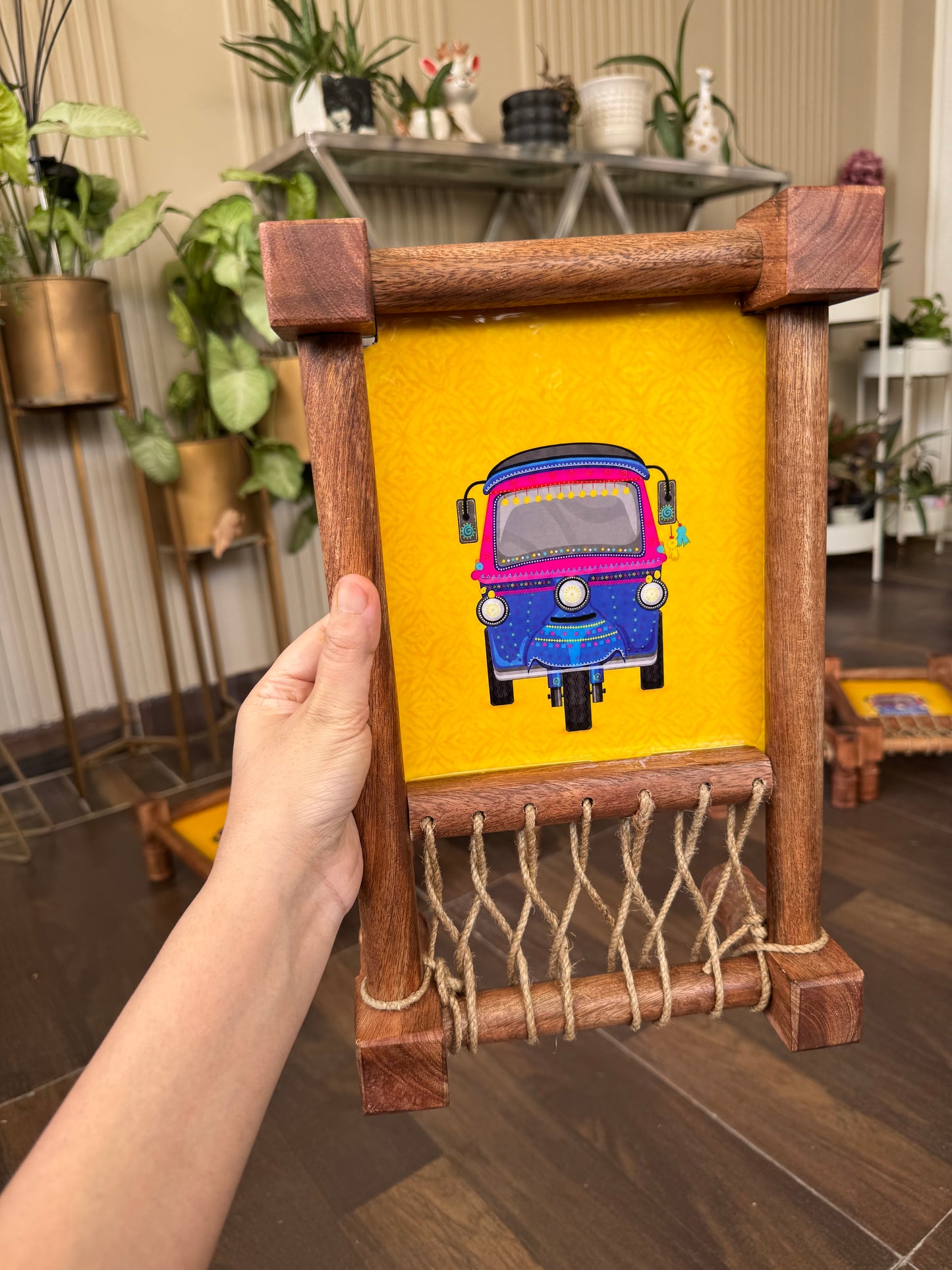 Ethnic “Auto Riksha” Print Wooden Khatiya Tray/ Khaat Tray / Khaat Platter / Khatiya Platter / Cot Tray
