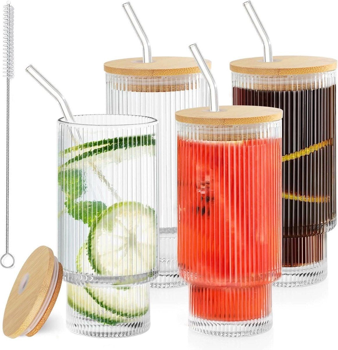 Ribbed Glass Cup with Lid & Straw