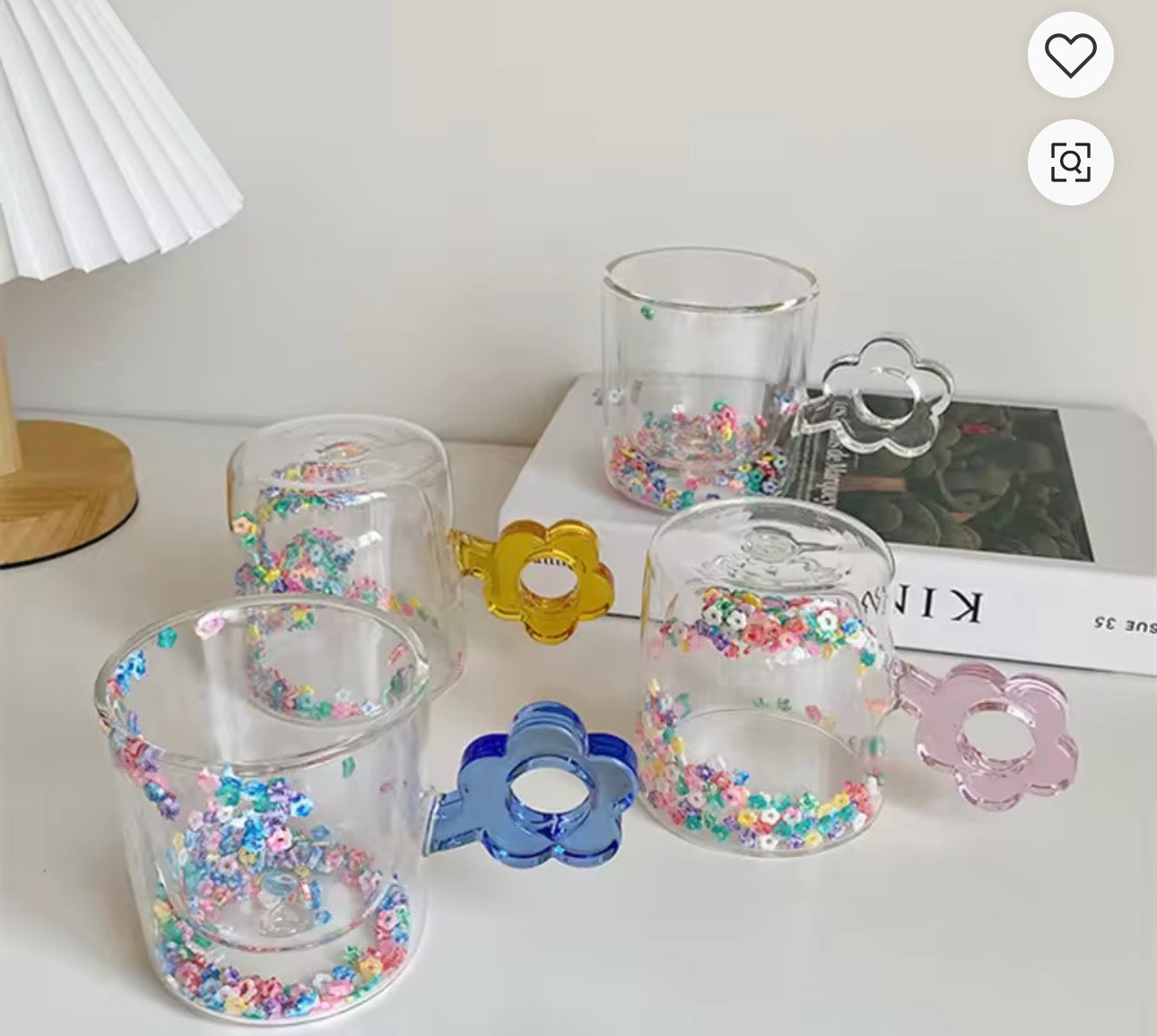 Elegant Double Wall Confetti Inside Glass Coffee Mug with Flower Handle