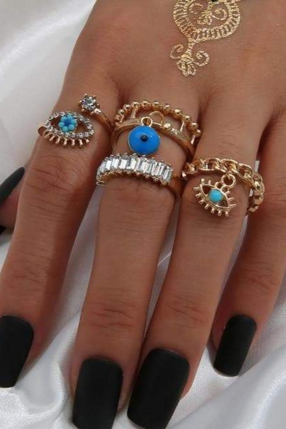 Vintage Boho Statement Gold Blue Evil Eye Rings - Set of 4