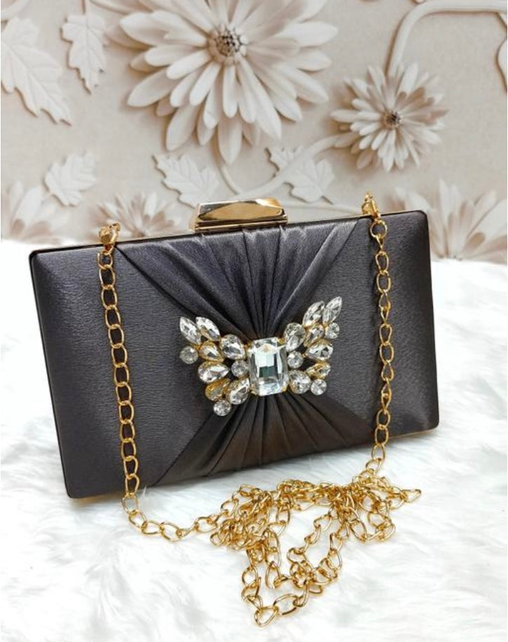 Elegant Satin Box Party Clutch Bag with Decorative Rhinestones Embellishments