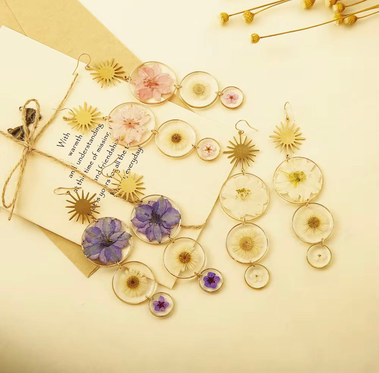Elegant Drop Earrings with Real Pressed Dried Flowers