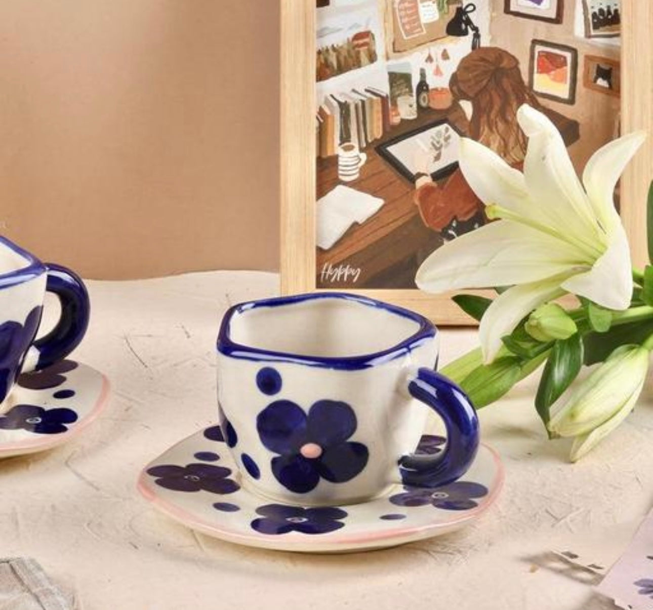 Blue & White Flowers Mug & Saucer Set