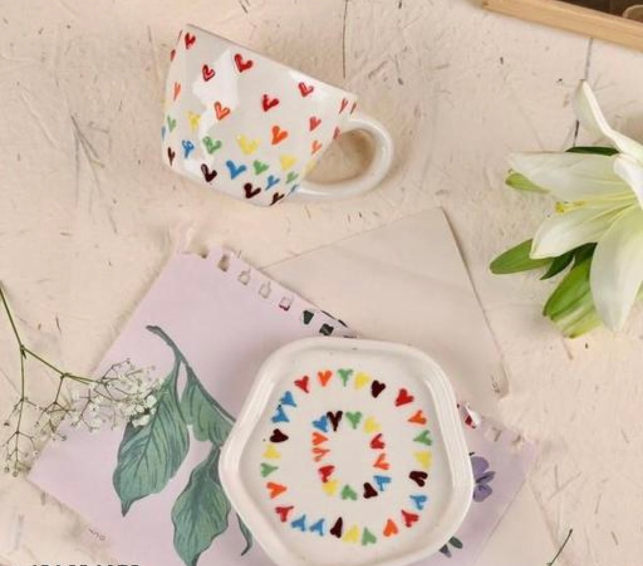 Cute 3D Colorful Hearts Mug & Saucer Set