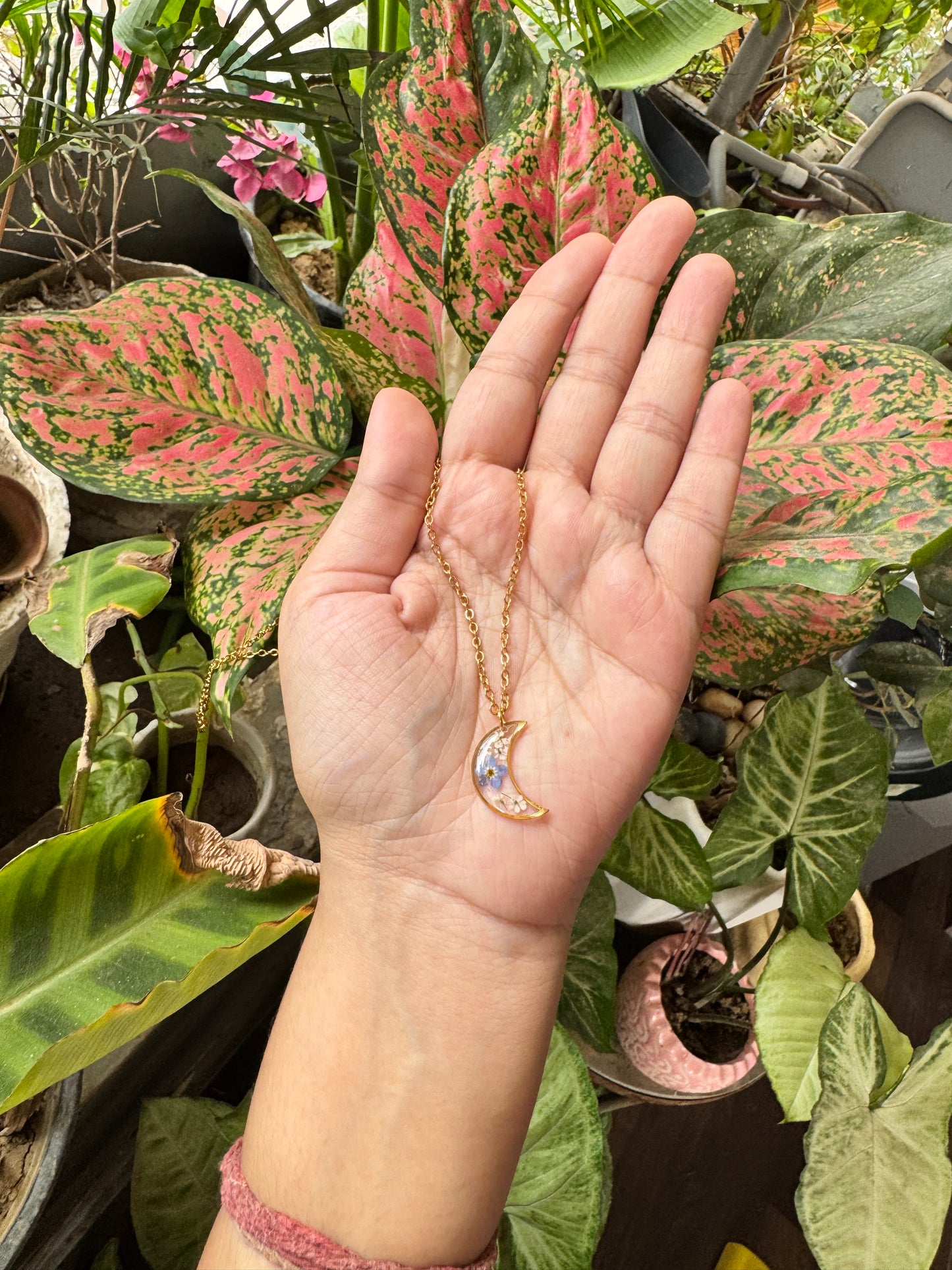 Moon Pendant with Real Pressed Flowers
