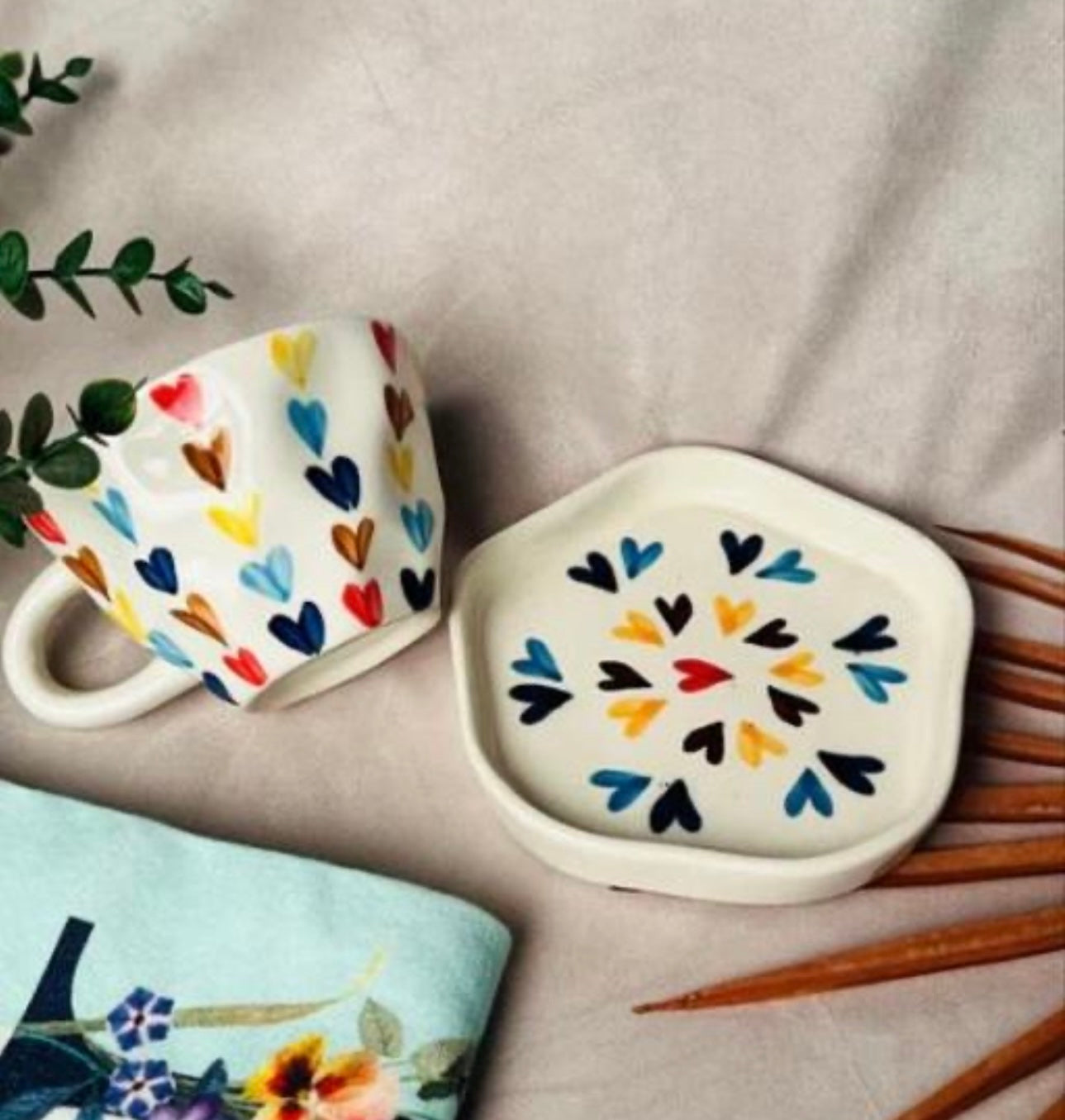 Colorful Heart Print Mug & Saucer Set