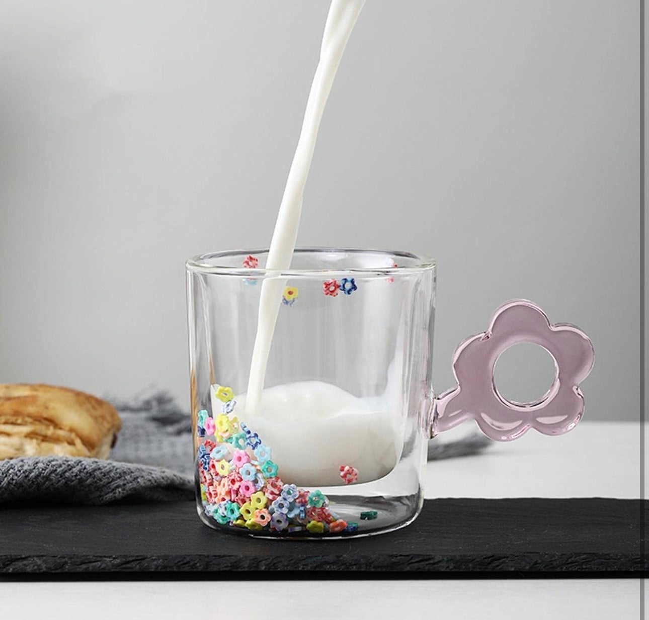Elegant Double Wall Confetti Inside Glass Coffee Mug with Flower Handle