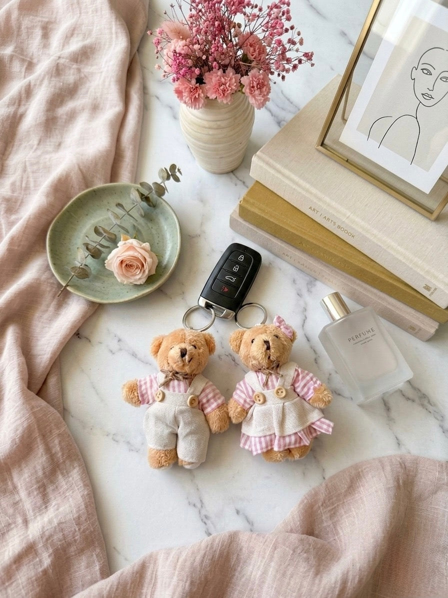 Exclusive Couple Teddy Keychain in Cute Pink Outfit