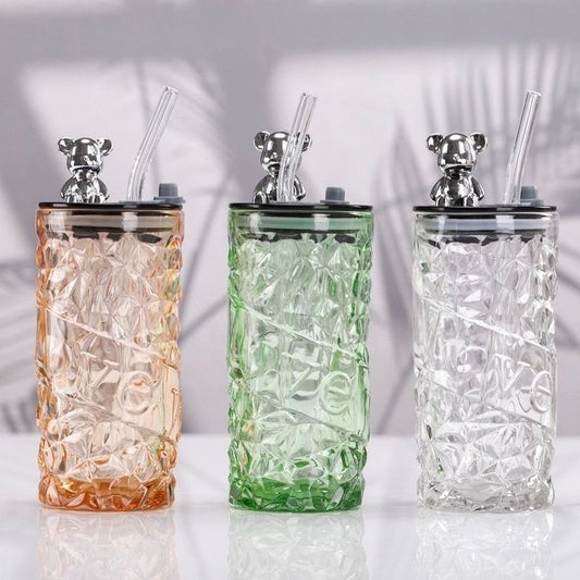 Diamond Glass Tumbler with Teddy Straw