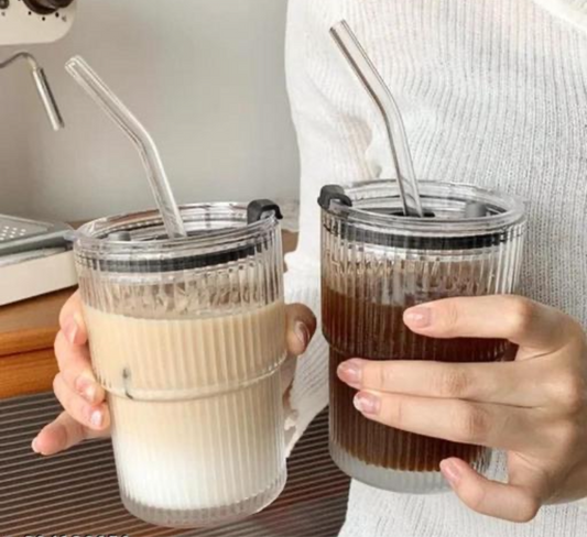 Striped Glass Cup with Straw & Lid