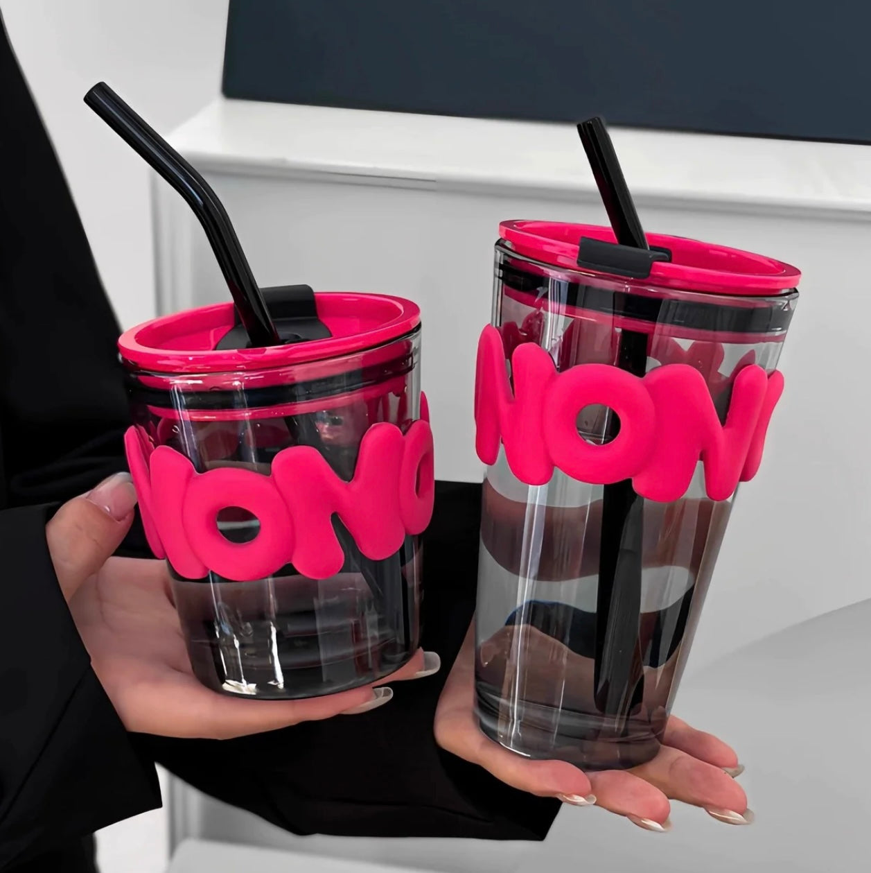 Hohoho Pink & Black Glass Tumbler with Straw & Lid