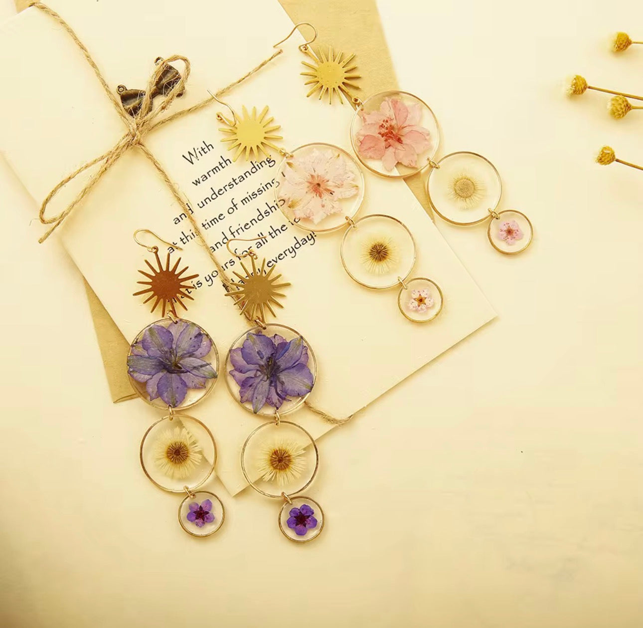Elegant Drop Earrings with Real Pressed Dried Flowers