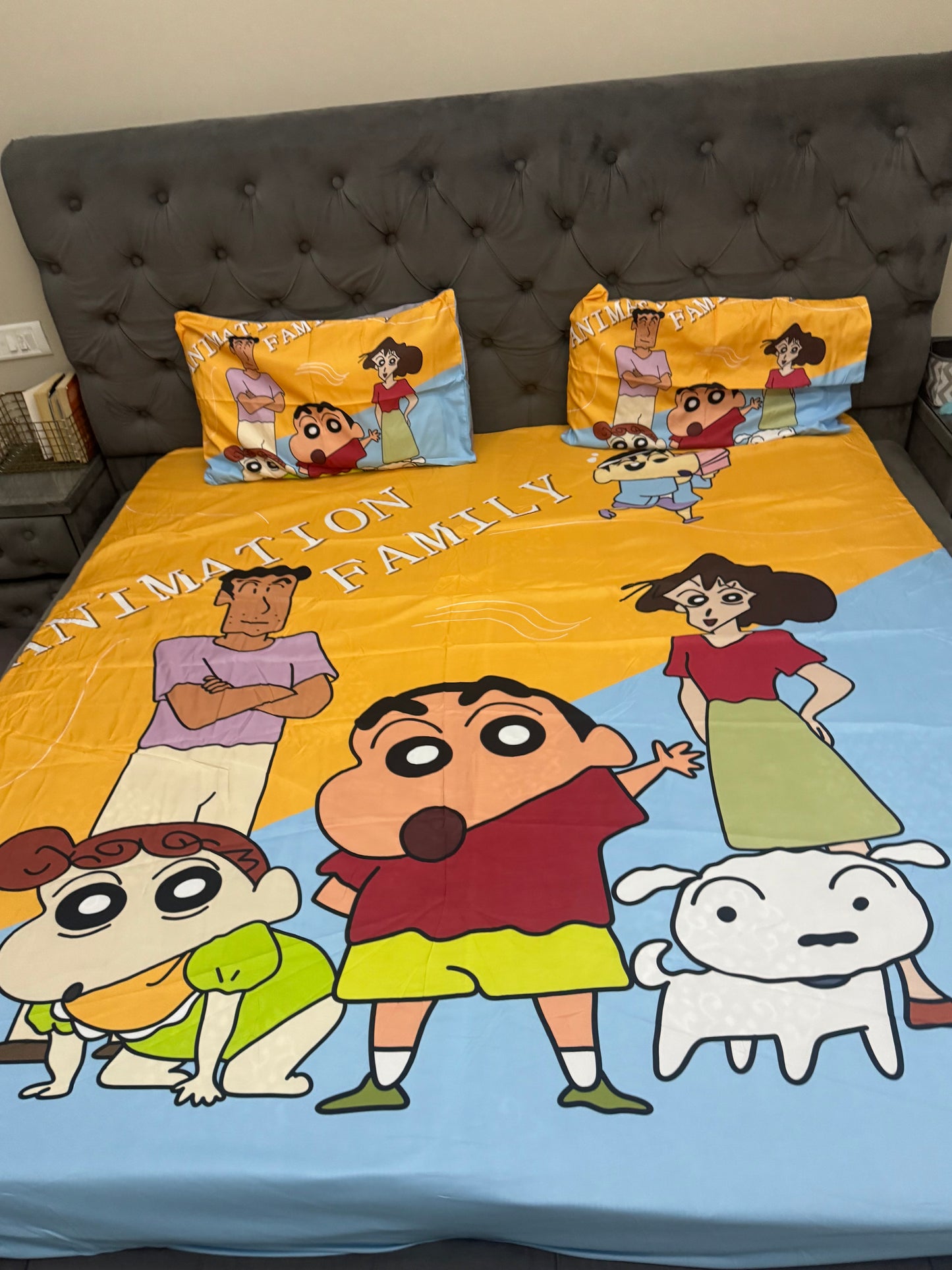 Cute Shinchan Design Elasticated King Size Non-Slip Bedsheet