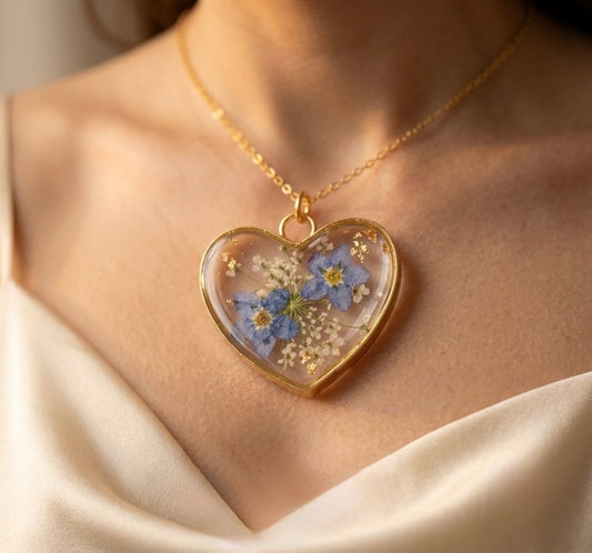Heart Pendant with Real Forget-Me-Not Pressed Flowers