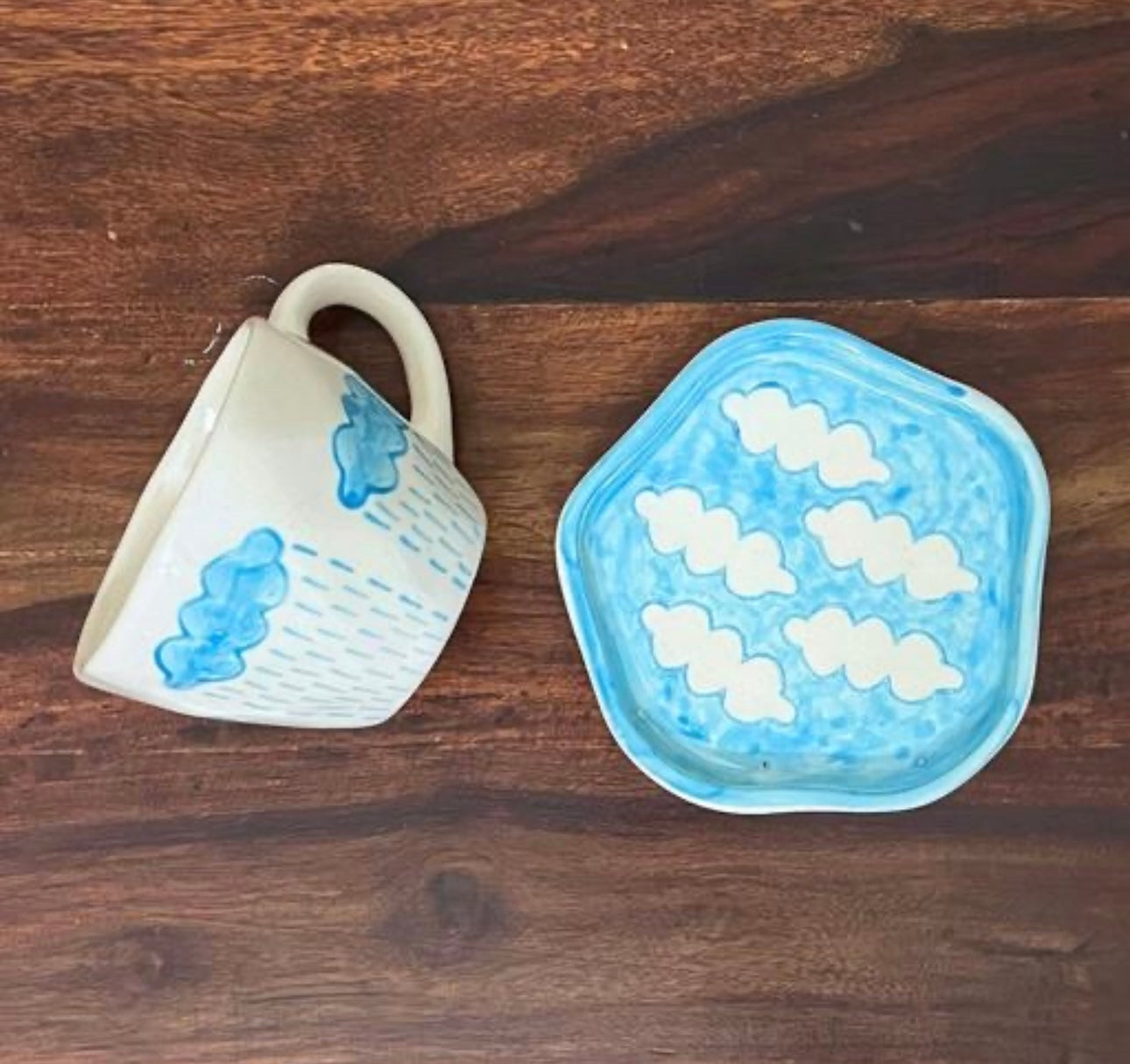 Aesthetic Blue & White Rain & Clouds Mug & Saucer Set