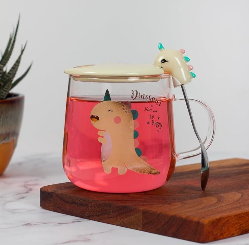 Ceramic Transparent Dino Mug with Lid & Spoon