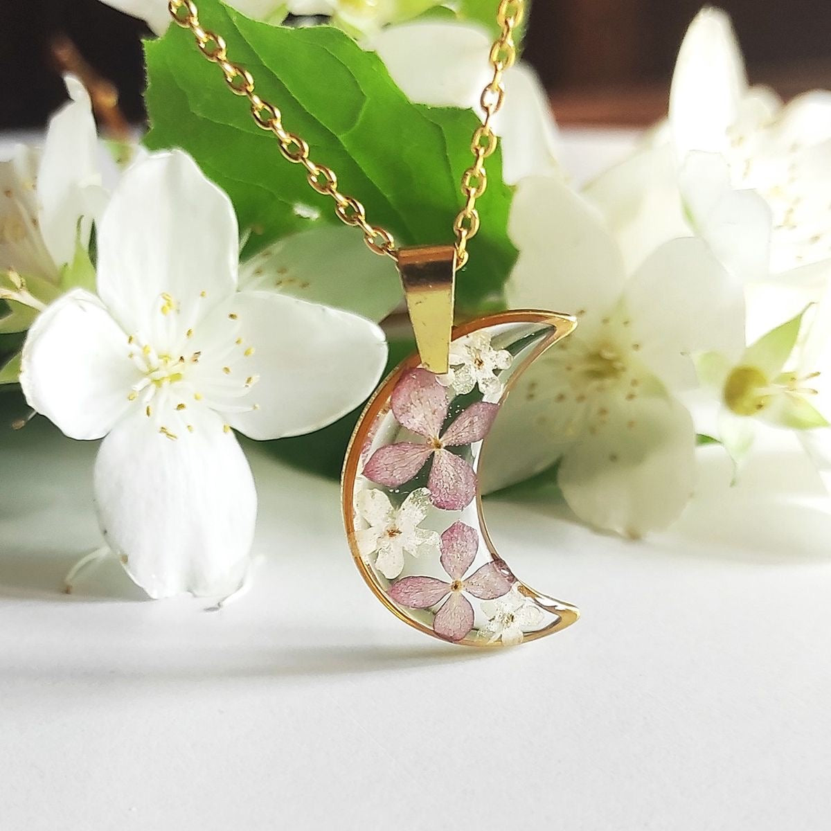 Moon Pendant with Real Pressed Flowers