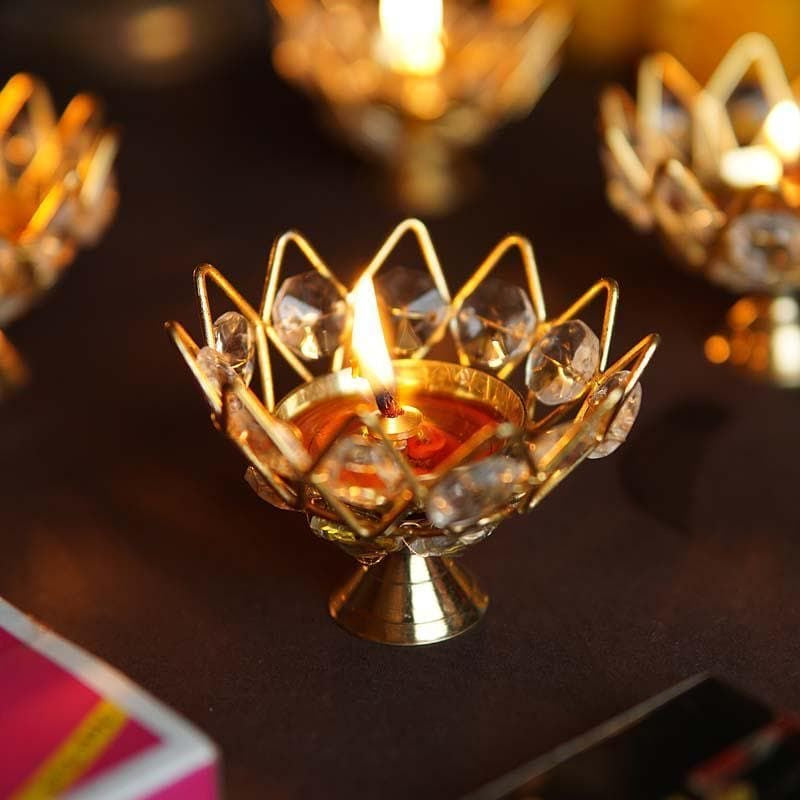 Elegant Lotus Shape Crystal Tea Light/Diya Holder (Gold) - Set of 6