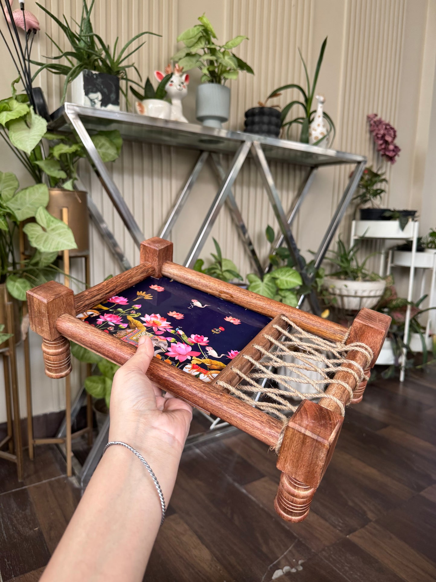Heritage Lotus Print Wooden Khatiya Tray/ Khaat Tray / Khaat Platter / Khatiya Platter / Cot Tray