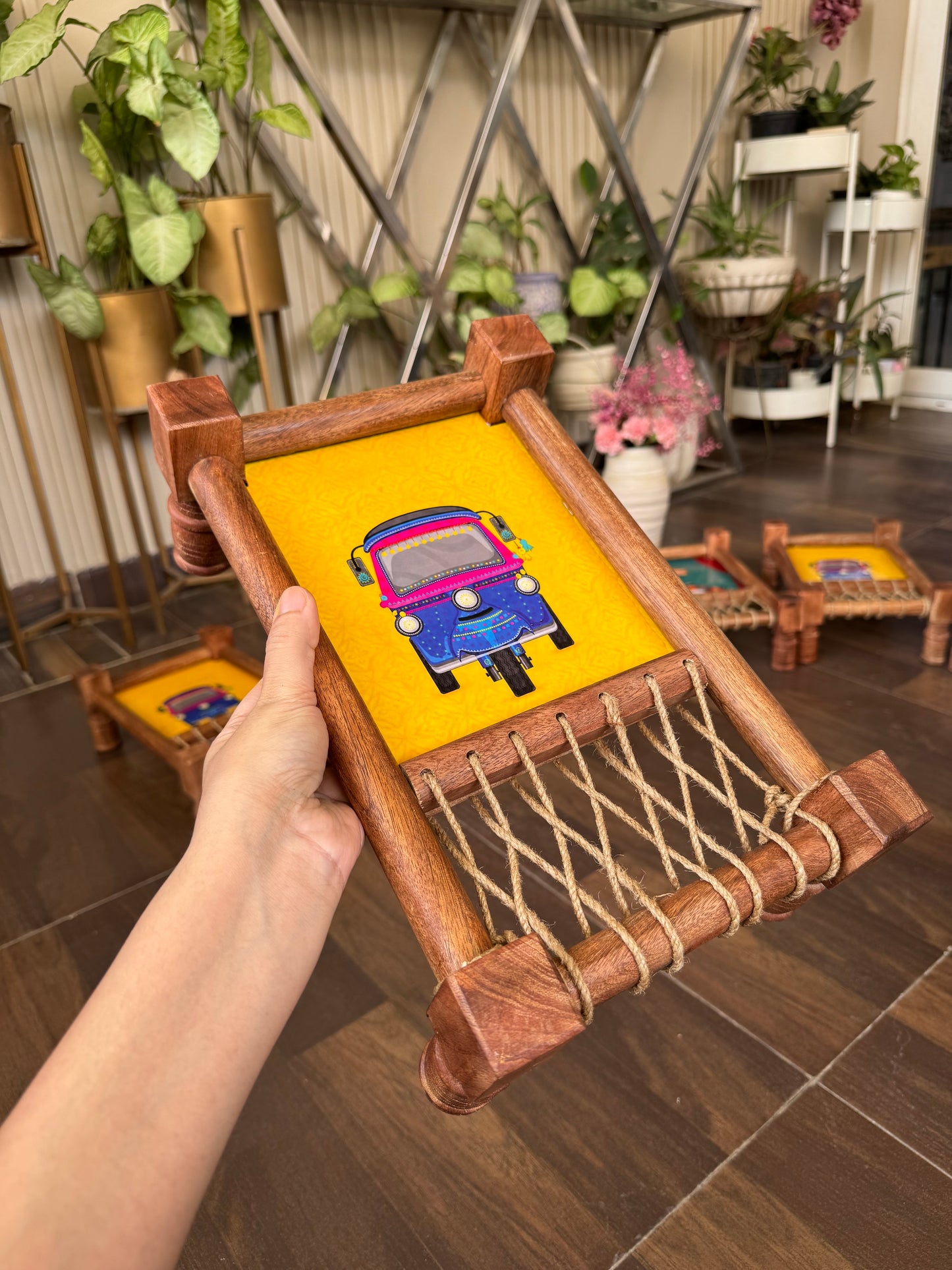 Ethnic “Auto Riksha” Print Wooden Khatiya Tray/ Khaat Tray / Khaat Platter / Khatiya Platter / Cot Tray