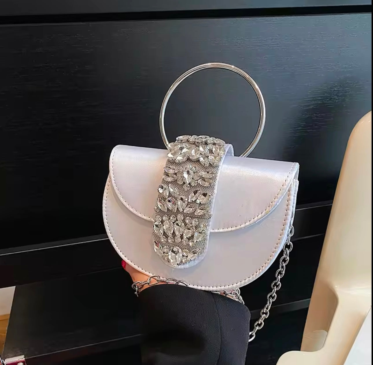 Exclusive Studded Rhinestone Detail Statement Saddle Bag with Round Handle