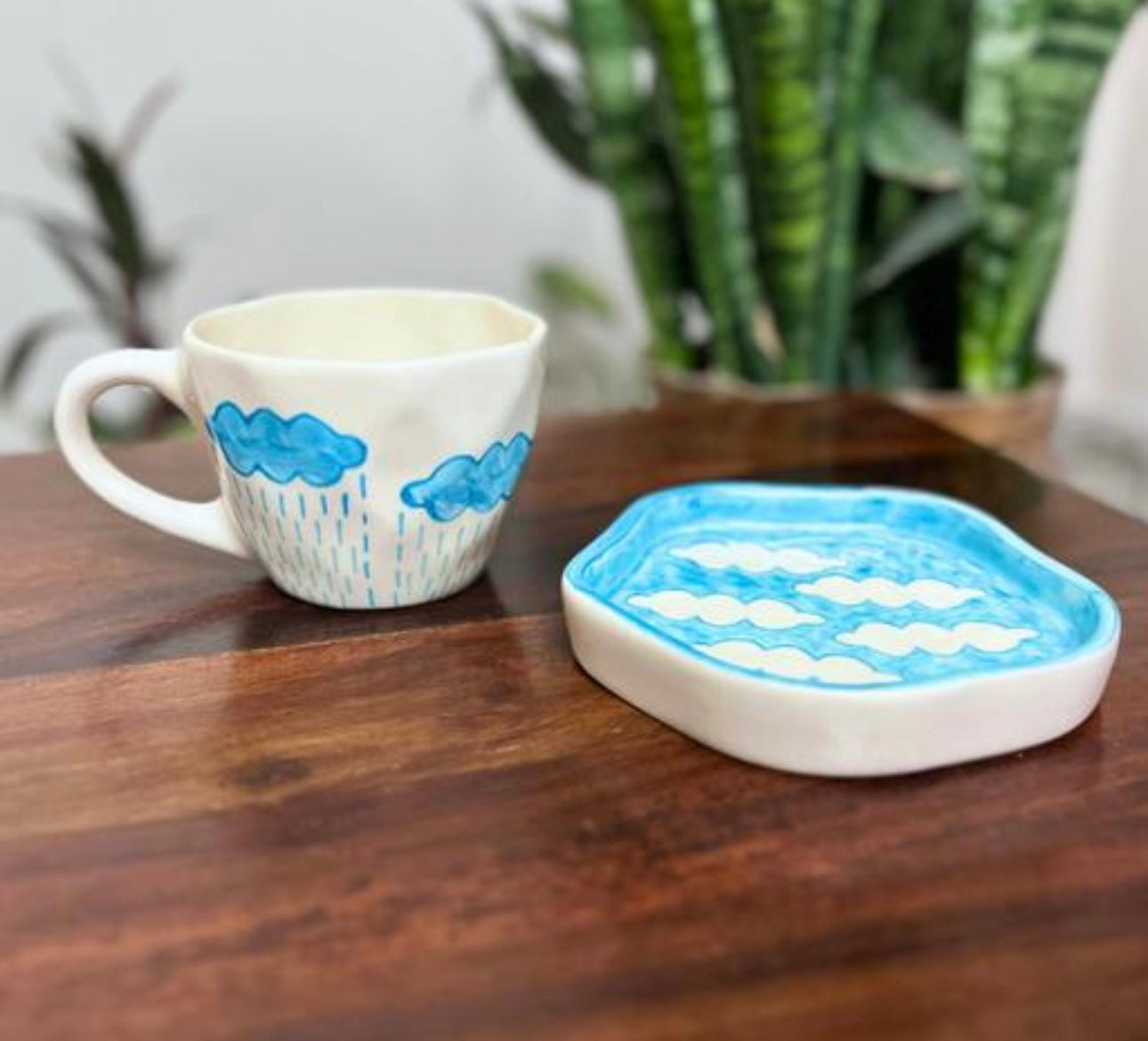 Aesthetic Blue & White Rain & Clouds Mug & Saucer Set