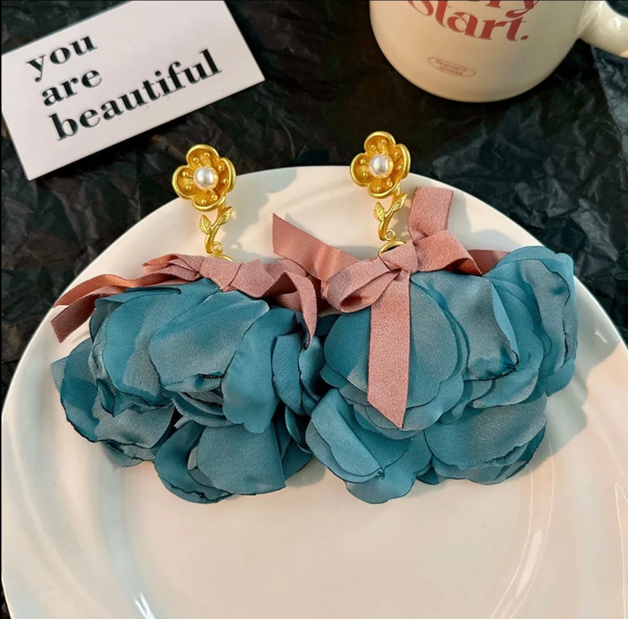 Satin Fabric Flower Earrings