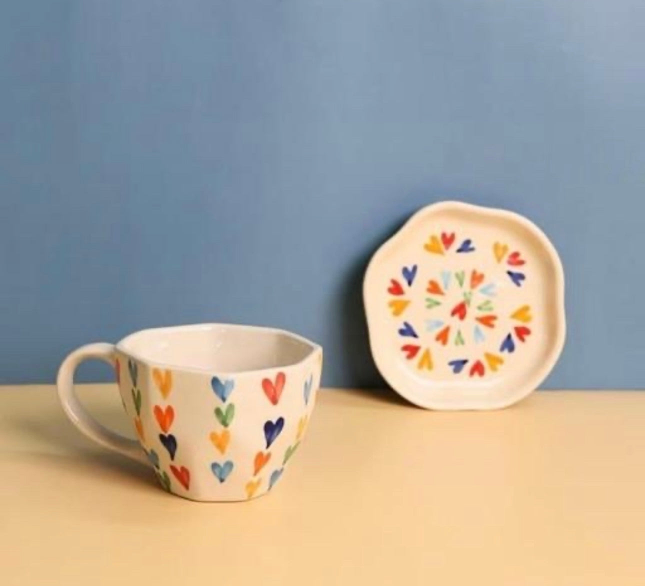 Colorful Heart Print Mug & Saucer Set