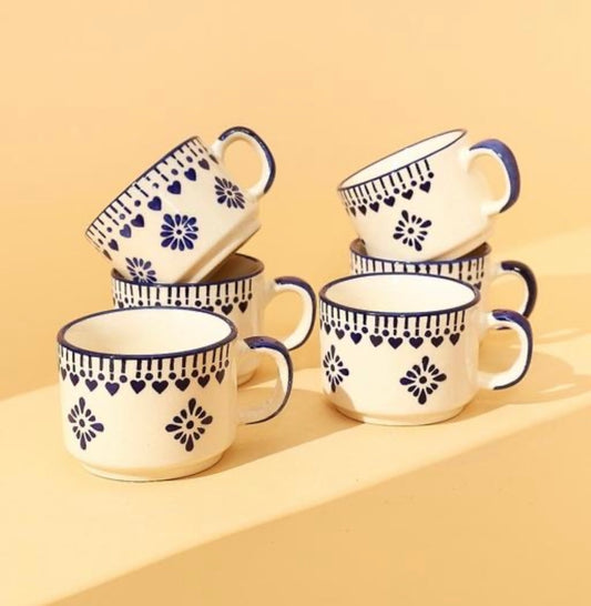 Elegant Motif Print Handpainted Ceramic Cups - Set of 6