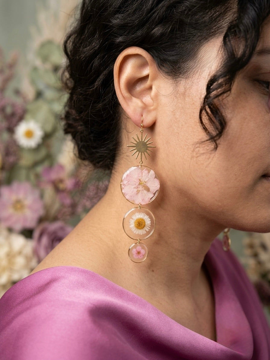 Elegant Drop Earrings with Real Pressed Dried Flowers