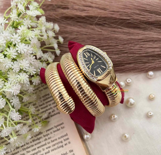 Exquisite Gold Plated Spiral Snake Watch / Serpentine Bracelet