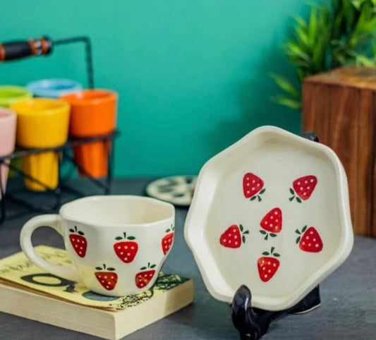 Playful Strawberry Print Cup & Saucer Set