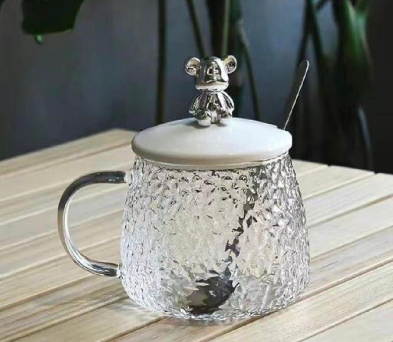 Frosted Glass Tumbler with Straw & Teddy Lid