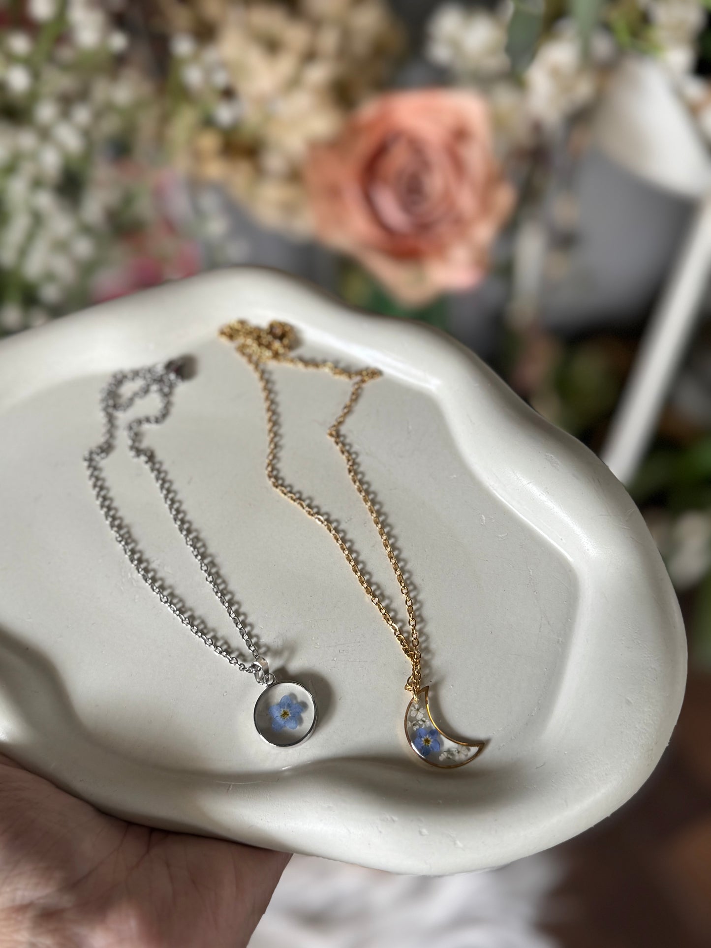 Moon Pendant with Real Pressed Flowers